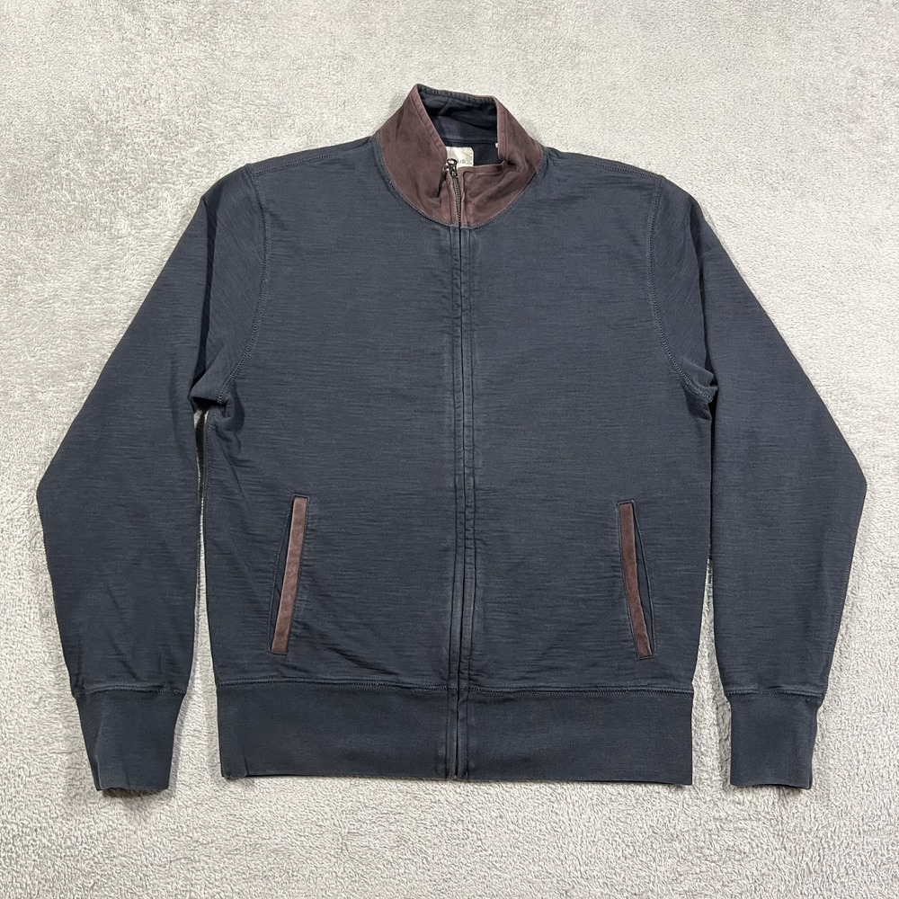 Billy Reid Jacket Mens Medium Slub Terry Suede Trim Collar Navy Blue Full Zip